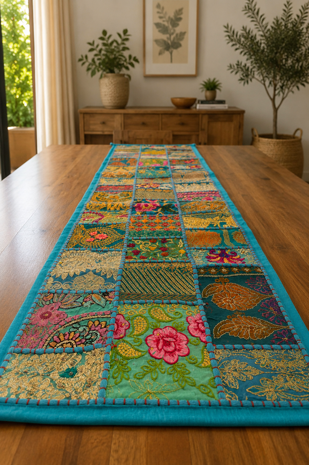 Turquoise Patchwork Embroidery Table Runner Set ( 1 Table runner + 6 Mats)