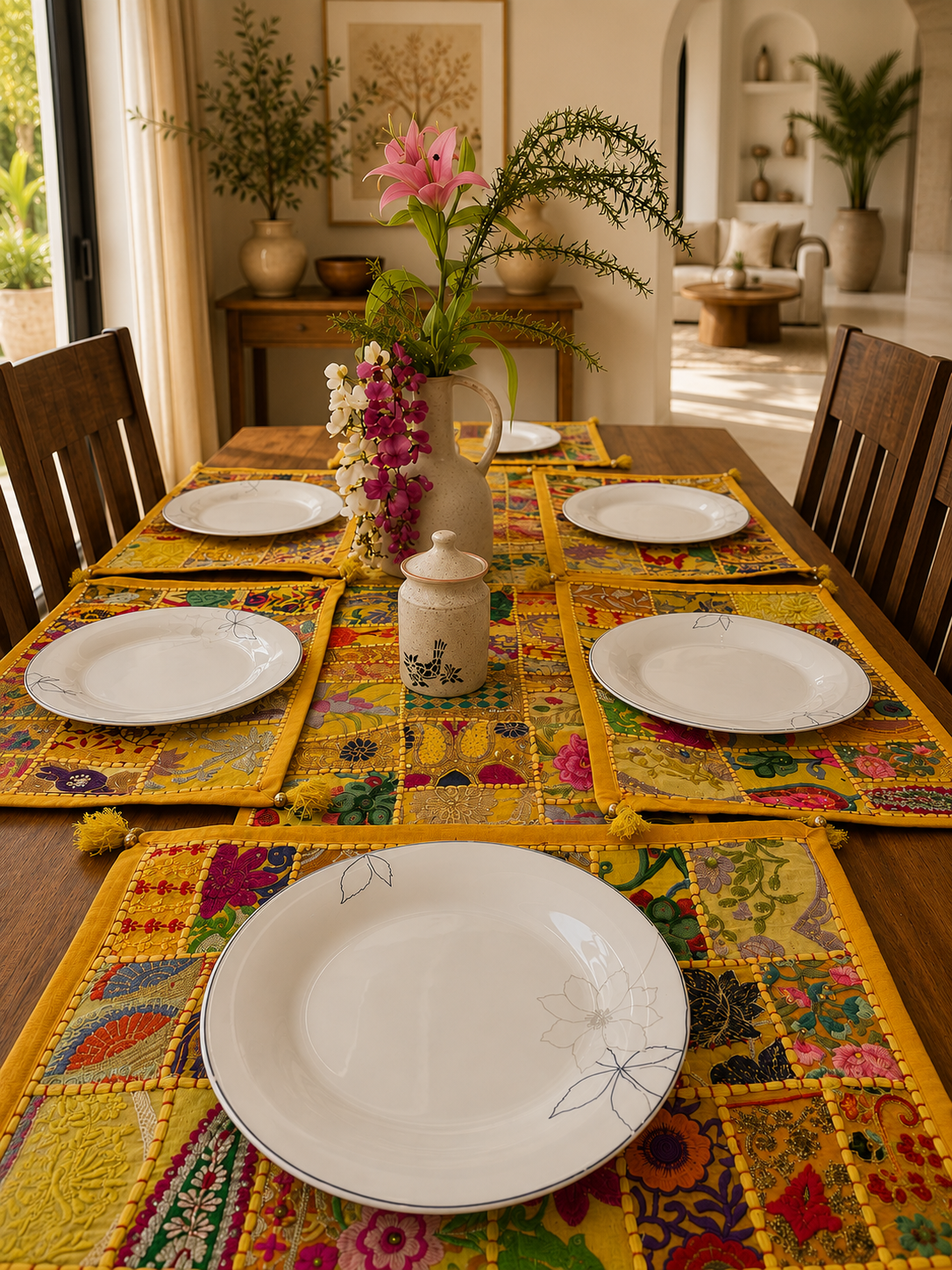 Yellow Patchwork Embroidery Table Runner Set ( 1 Table runner + 6 Mats)