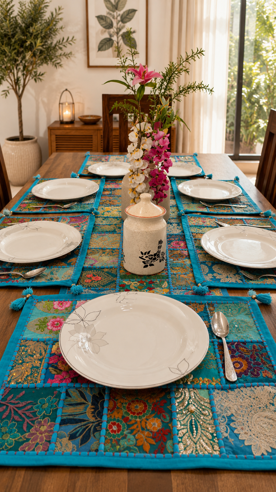 Turquoise Patchwork Embroidery Table Runner Set ( 1 Table runner + 6 Mats)