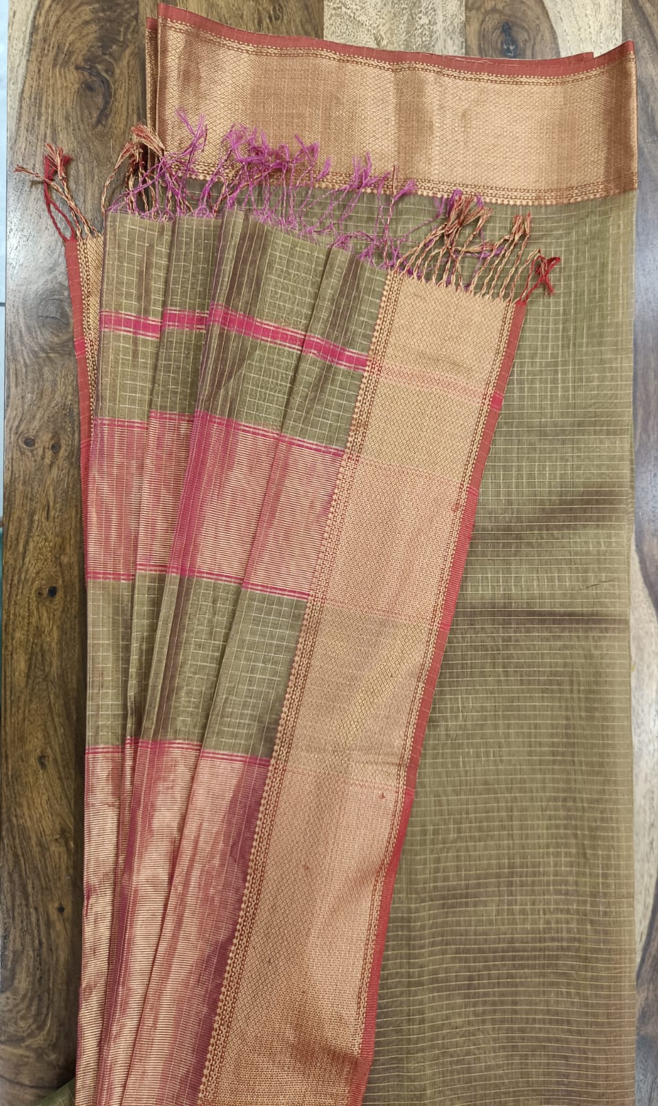 Zari Checks Copper Green Maheshwari Silk Cotton Saree