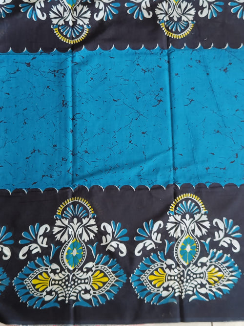 Blue and Black Folk Art Mul Cotton Saree