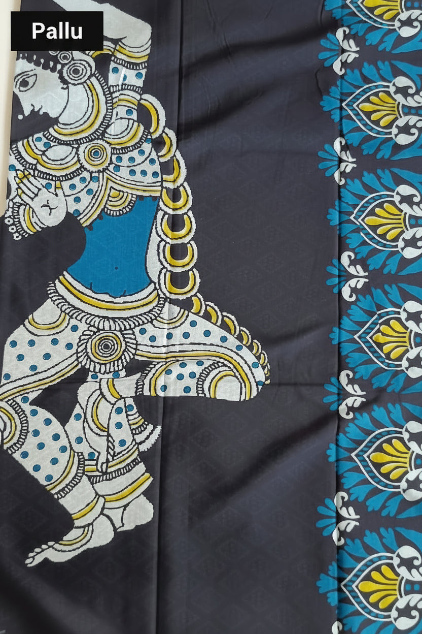 Blue and Black Folk Art Mul Cotton Saree