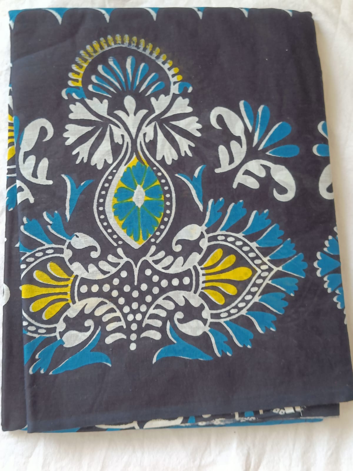 Blue and Black Folk Art Mul Cotton Saree