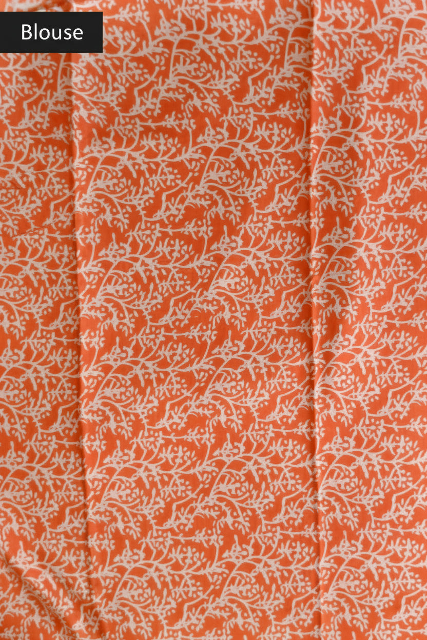 Orange Handblock Printed Mul Cotton Saree
