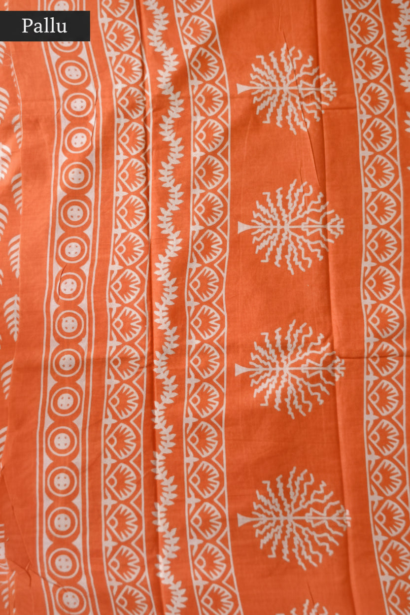 Orange Handblock Printed Mul Cotton Saree