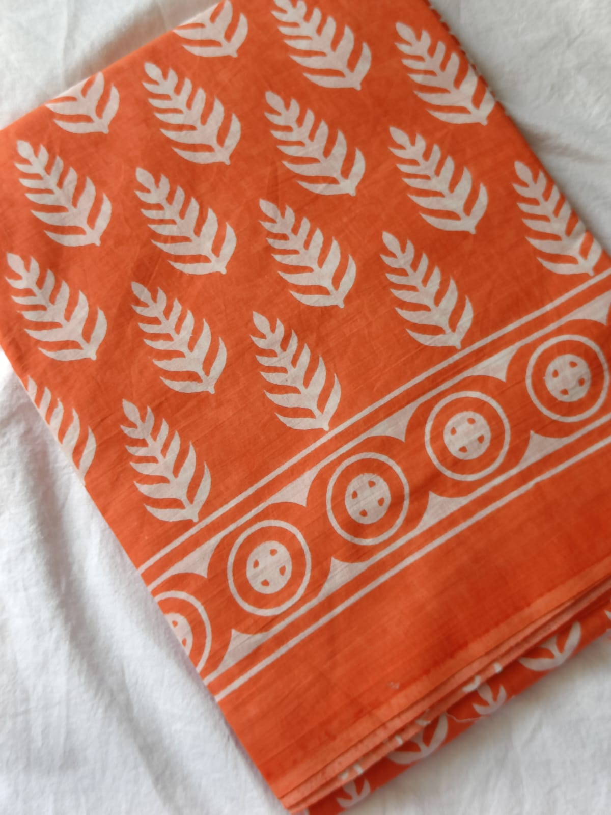 Orange Handblock Printed Mul Cotton Saree