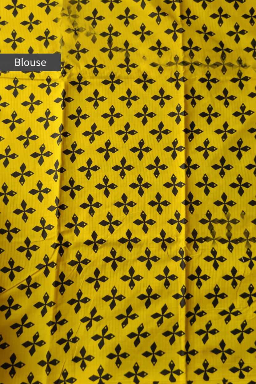 Yellow & Black Handblock Printed Mul Cotton Saree