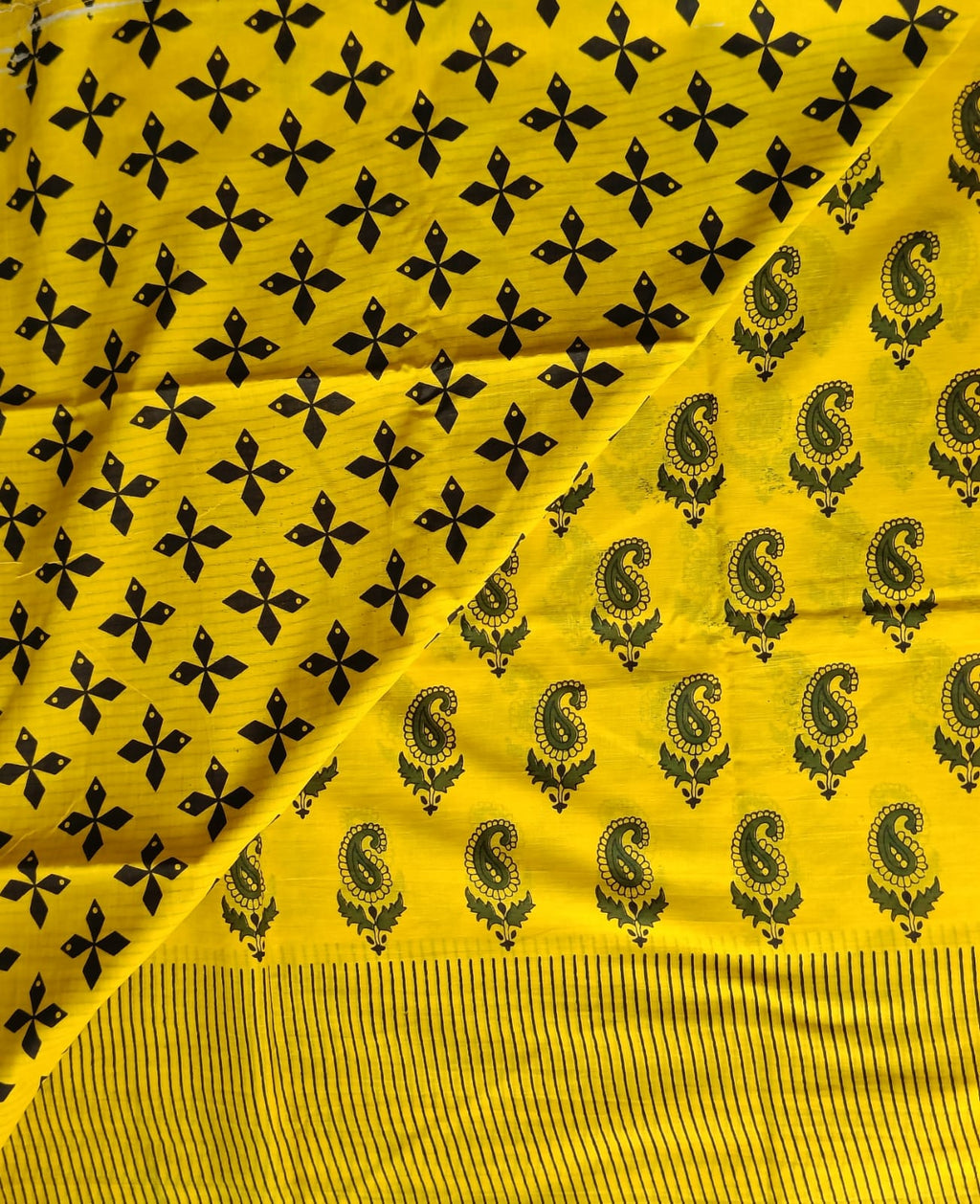 Yellow & Black Handblock Printed Mul Cotton Saree