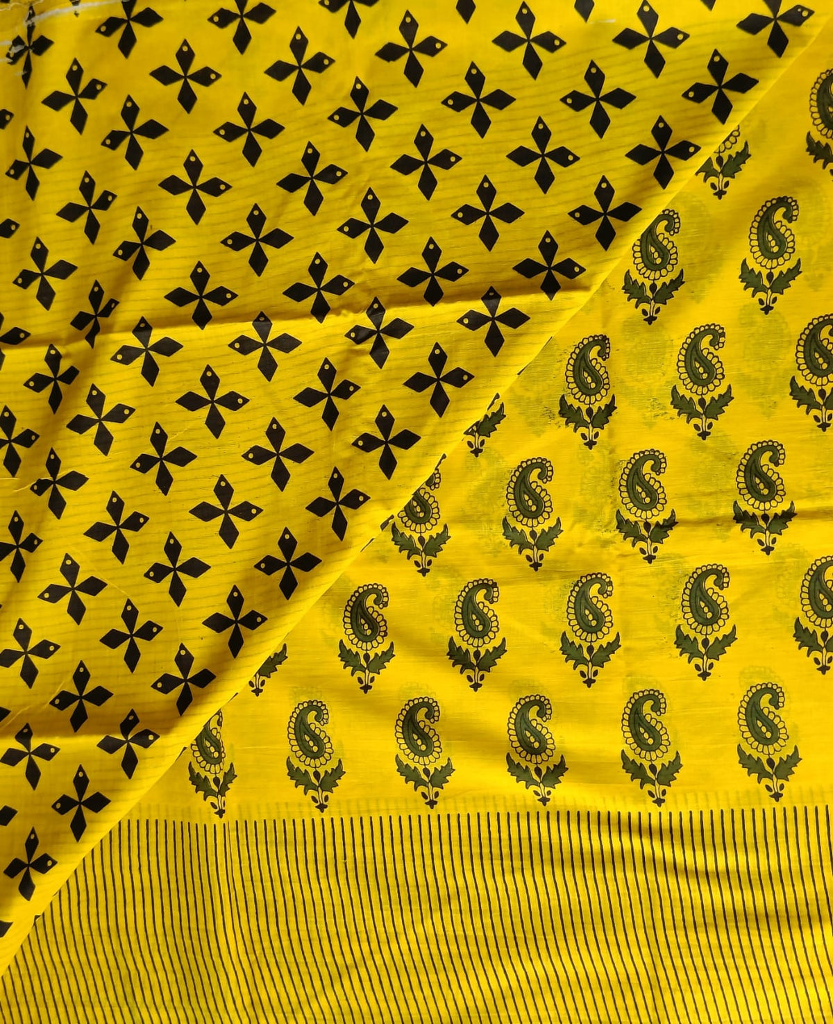 Yellow & Black Handblock Printed Mul Cotton Saree