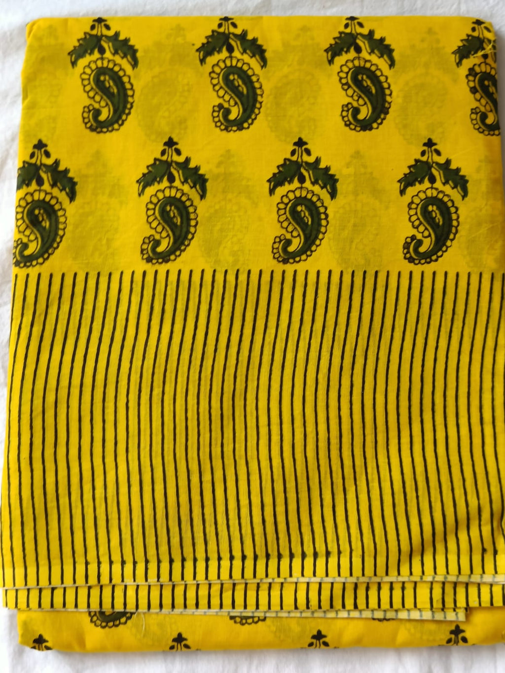 Yellow & Black Handblock Printed Mul Cotton Saree