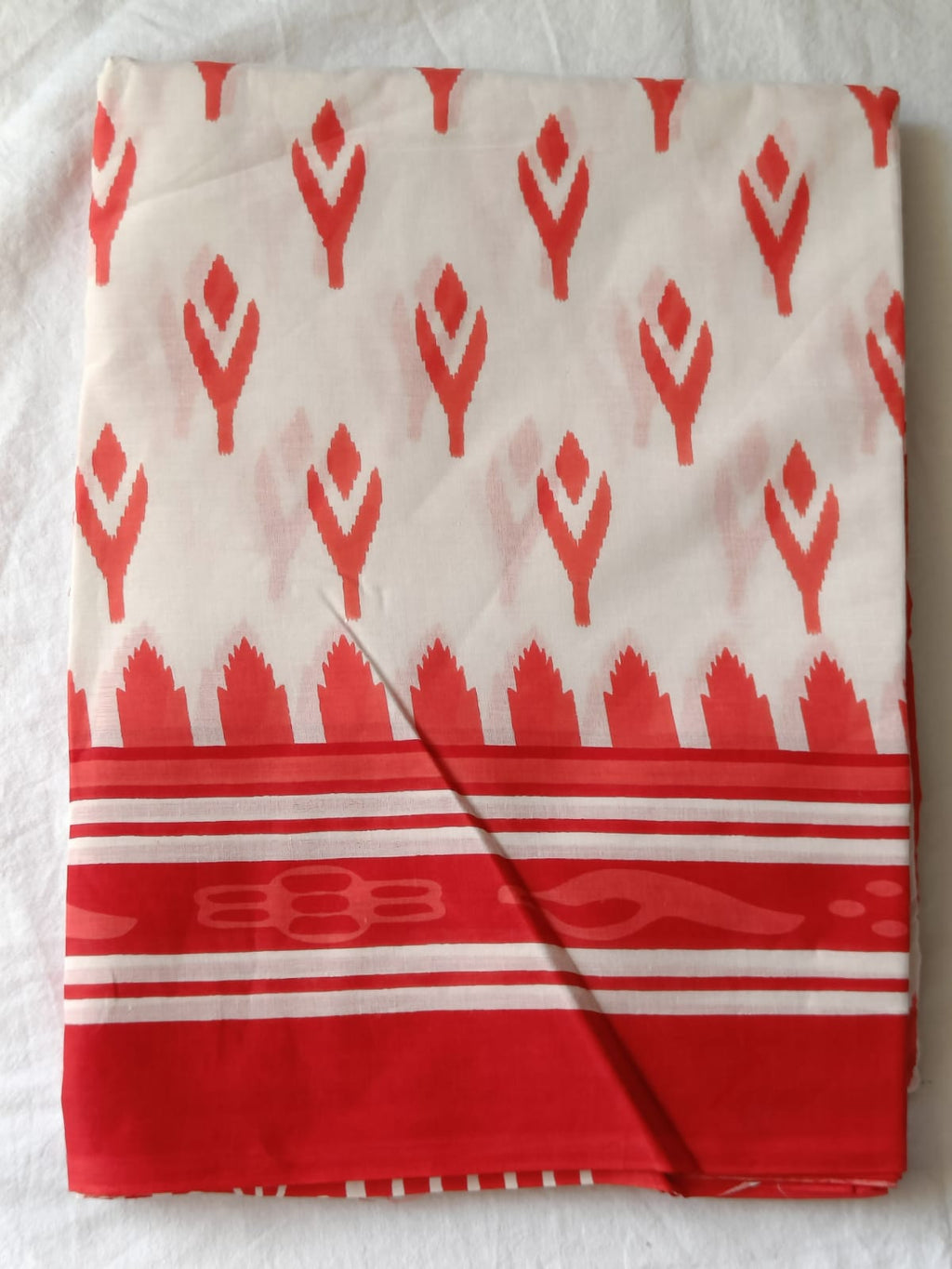 Coral Red & White Handblock Printed Mul Cotton Saree