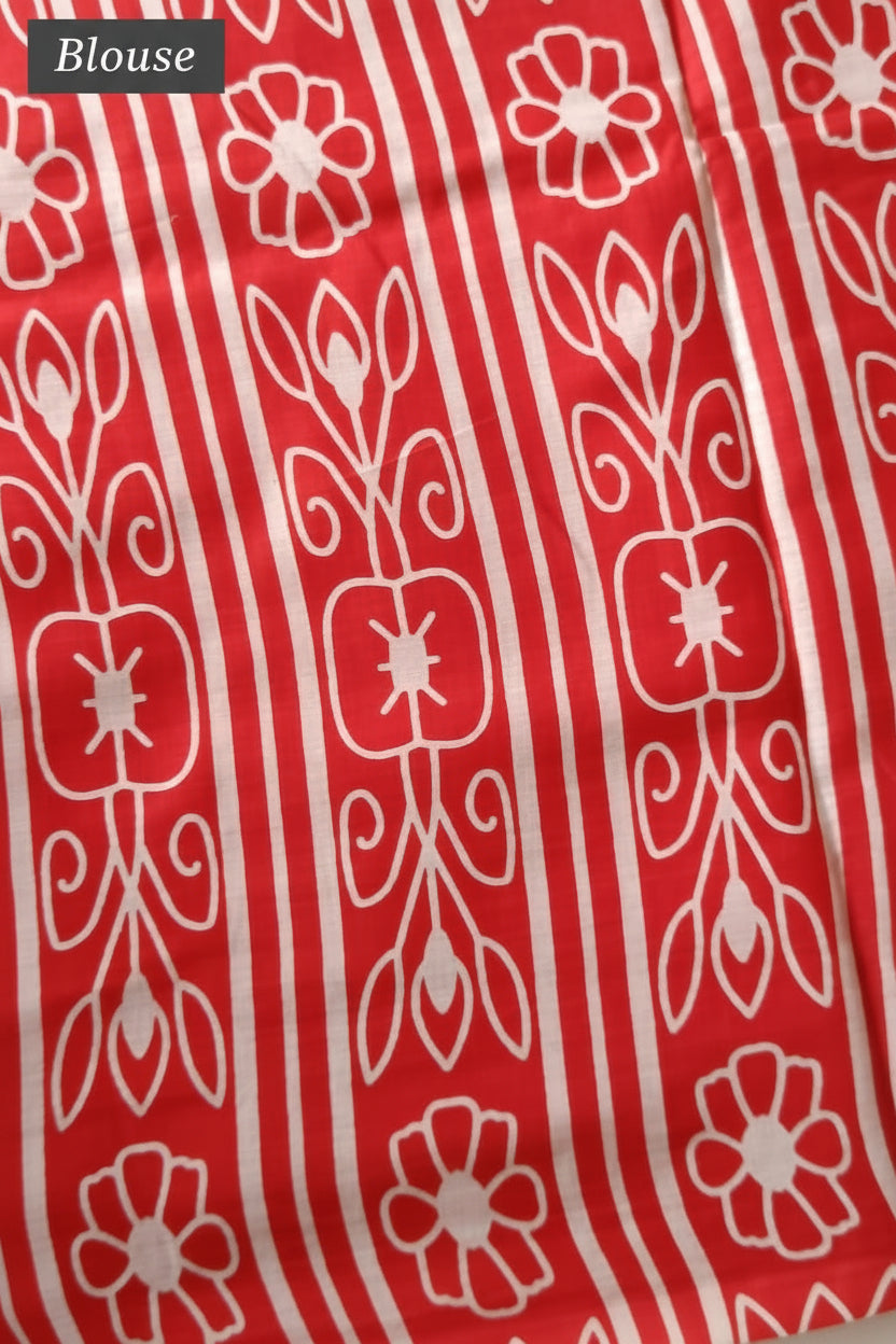 Coral Red & White Handblock Printed Mul Cotton Saree