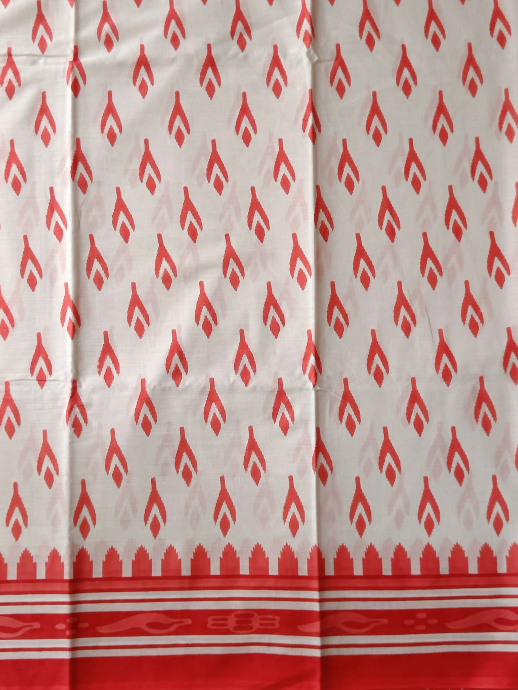 Coral Red & White Handblock Printed Mul Cotton Saree