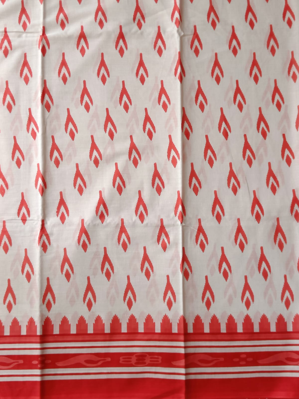 Coral Red & White Handblock Printed Mul Cotton Saree