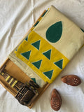 Off White & Green Handblock Printed Cotton Saree