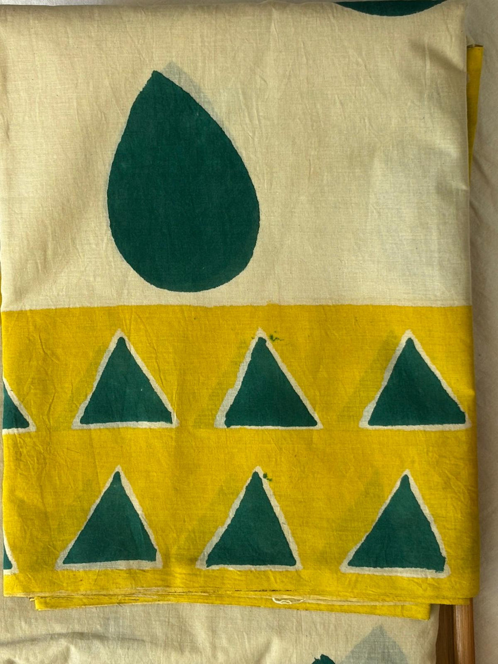 Off White & Green Handblock Printed Cotton Saree