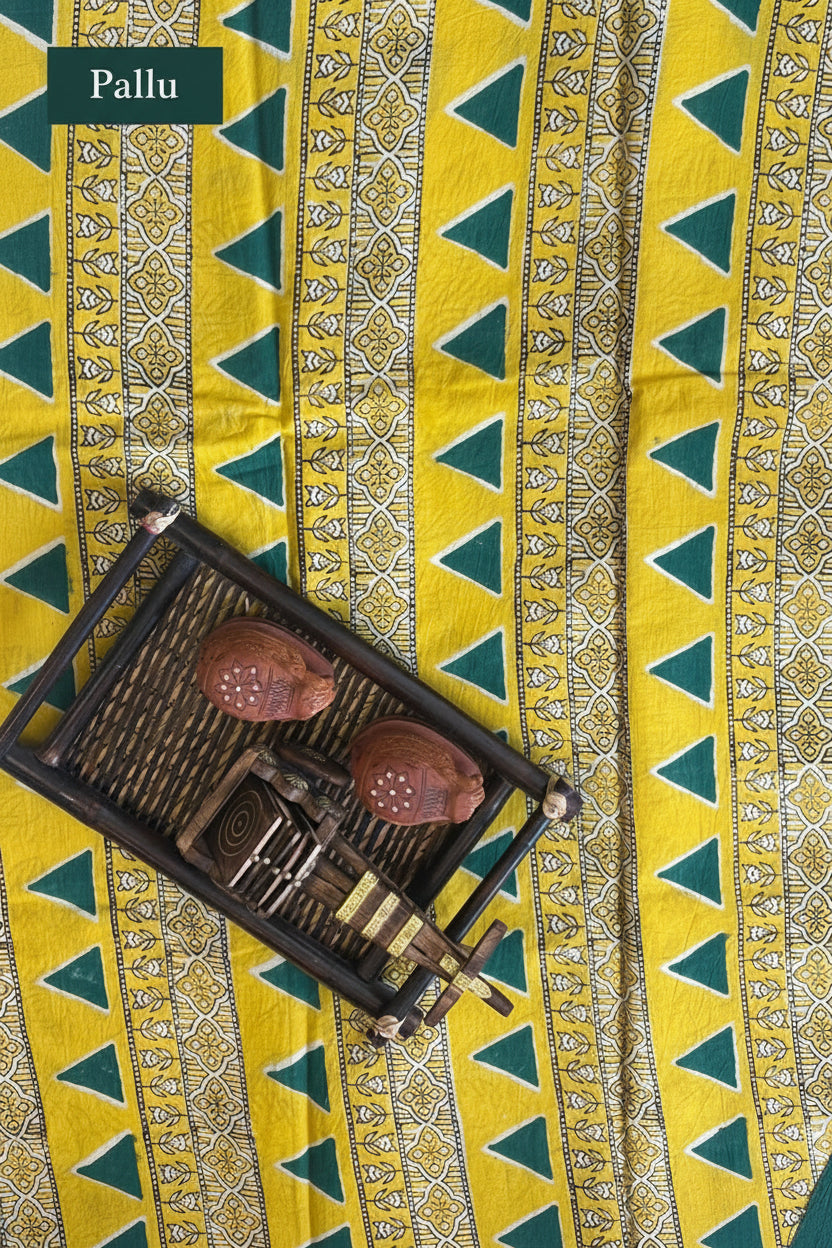 Off White & Green Handblock Printed Cotton Saree