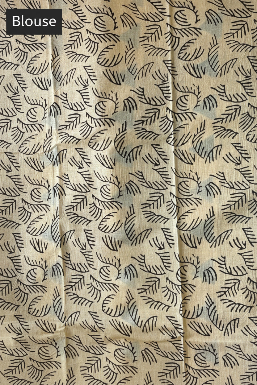 Off White & Green Handblock Printed Cotton Saree