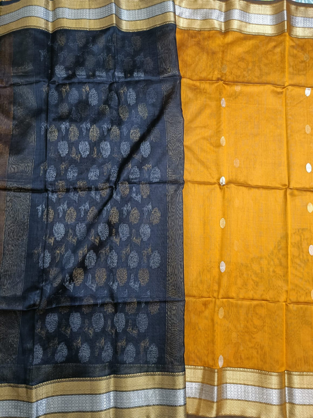 Mustard Yellow & Black Maheshwari Silk Cotton Saree