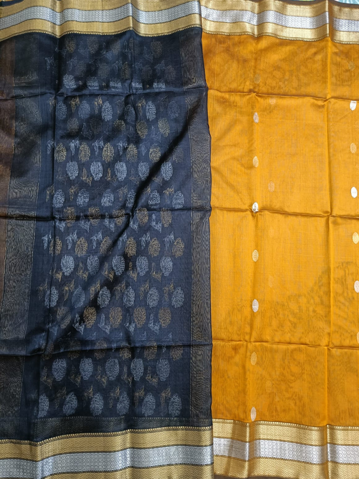 Mustard Yellow & Black Maheshwari Silk Cotton Saree