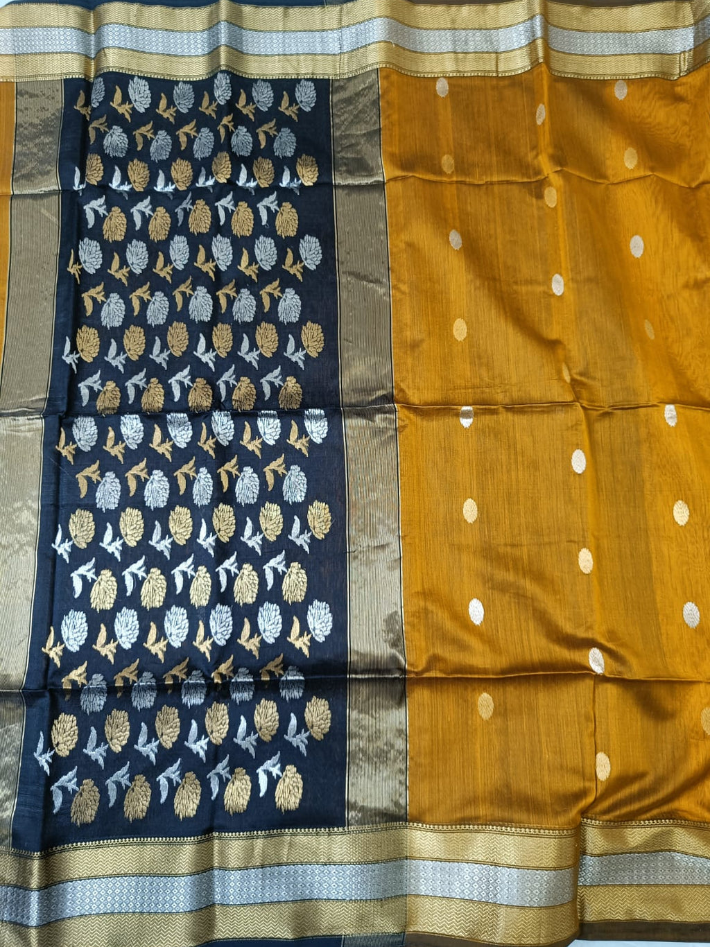 Mustard Yellow & Black Maheshwari Silk Cotton Saree