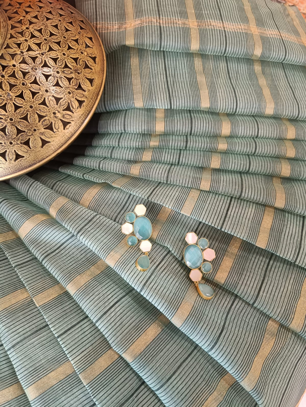 Blue-Green Maheshwari Silk Cotton Saree