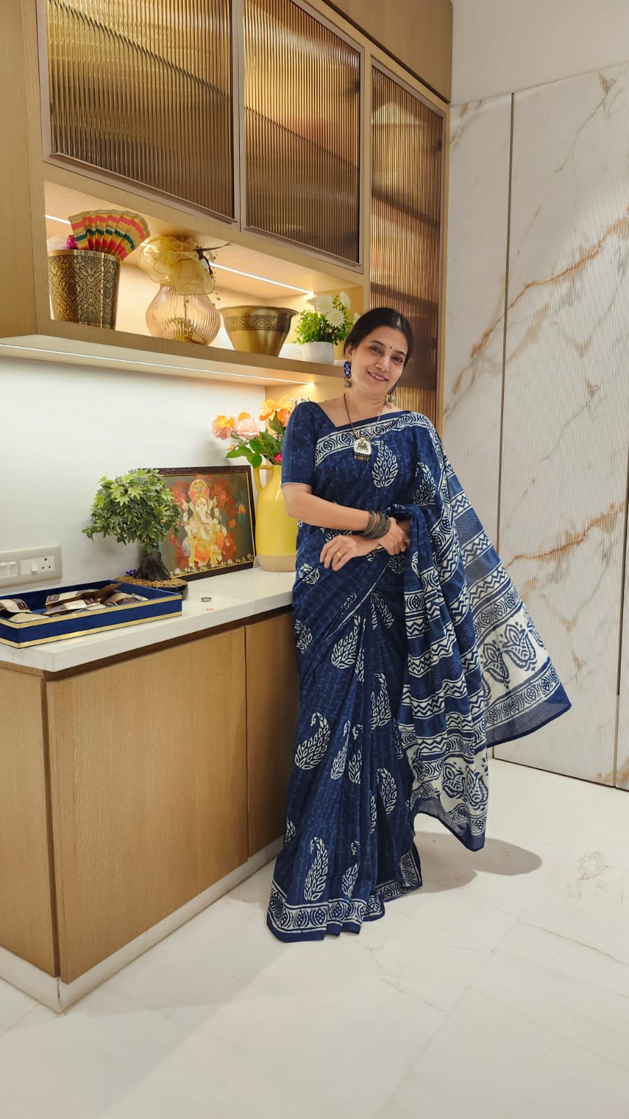 Indigo & White Handblock Printed Mul Cotton saree