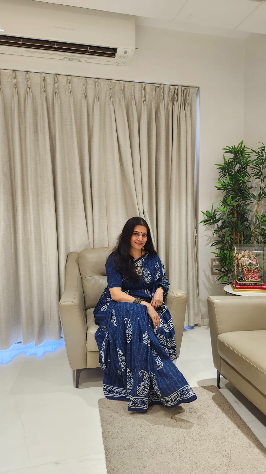Indigo & White Handblock Printed Mul Cotton saree