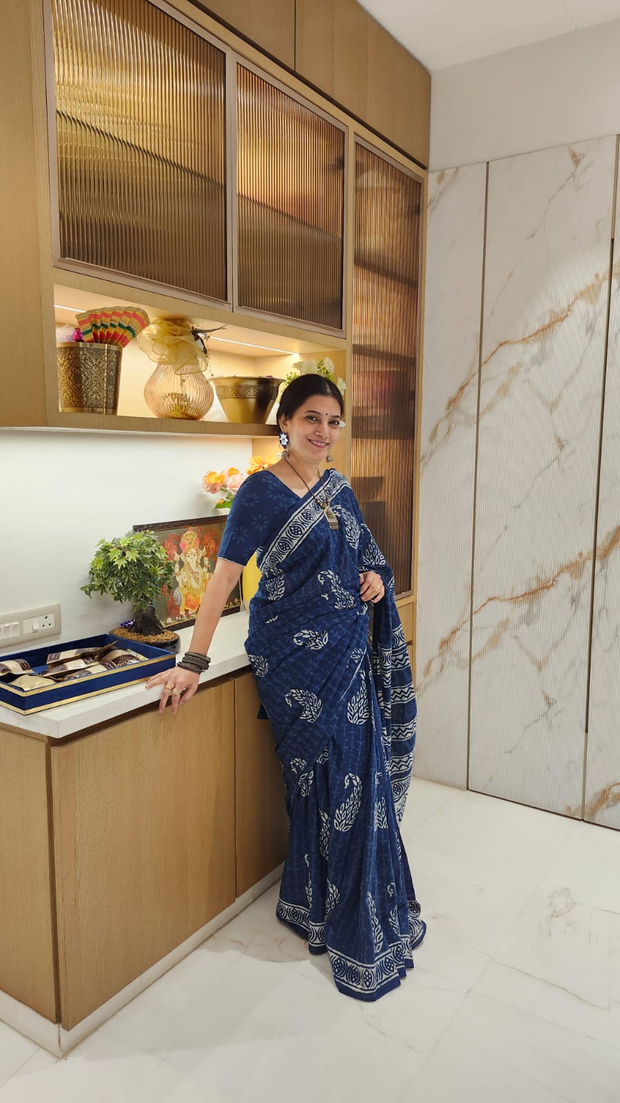 Indigo & White Handblock Printed Mul Cotton saree