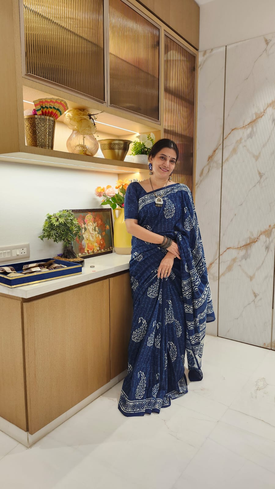 Indigo & White Handblock Printed Mul Cotton saree