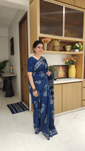 Indigo & White Handblock Printed Mul Cotton saree