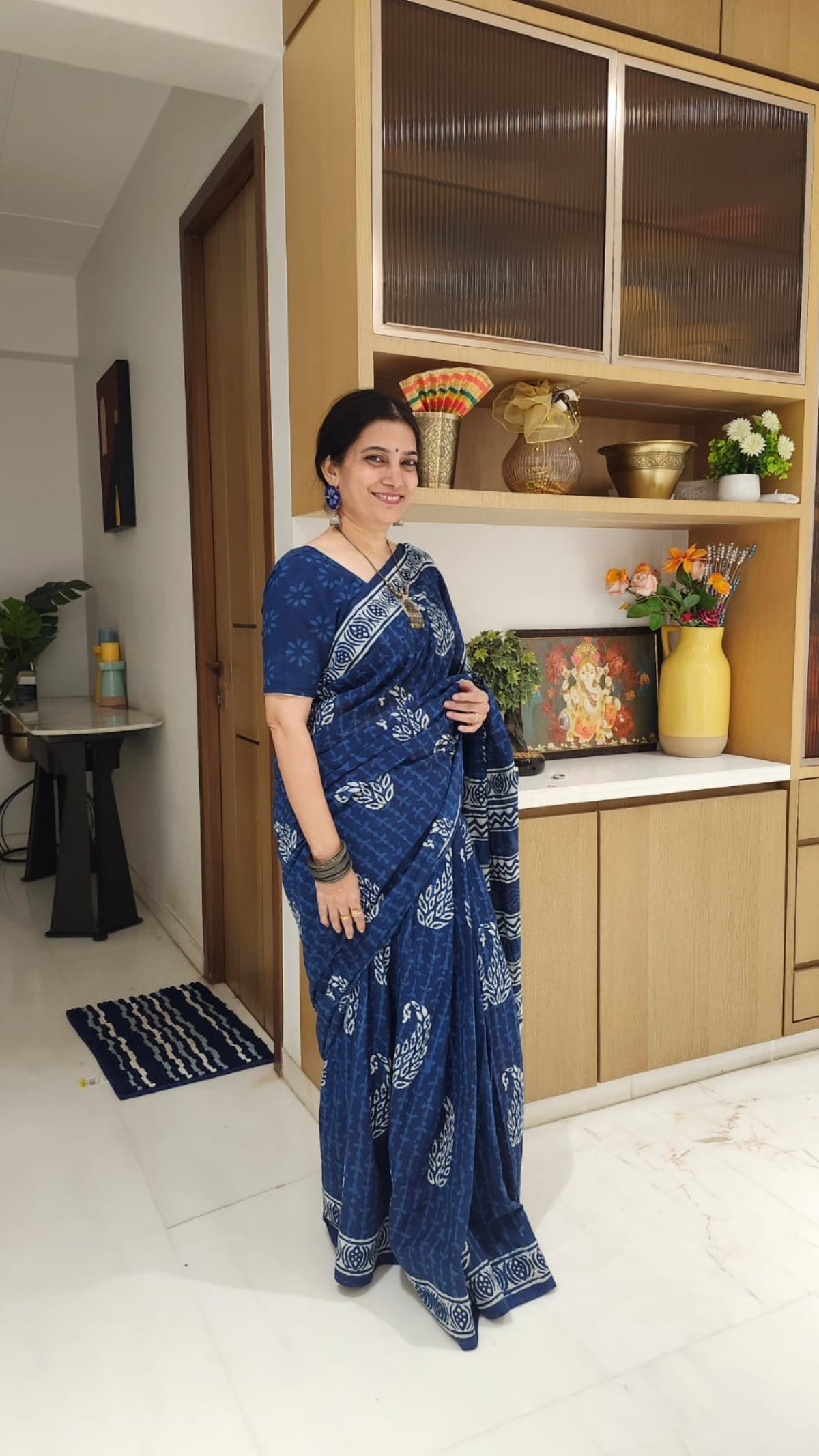 Indigo & White Handblock Printed Mul Cotton saree
