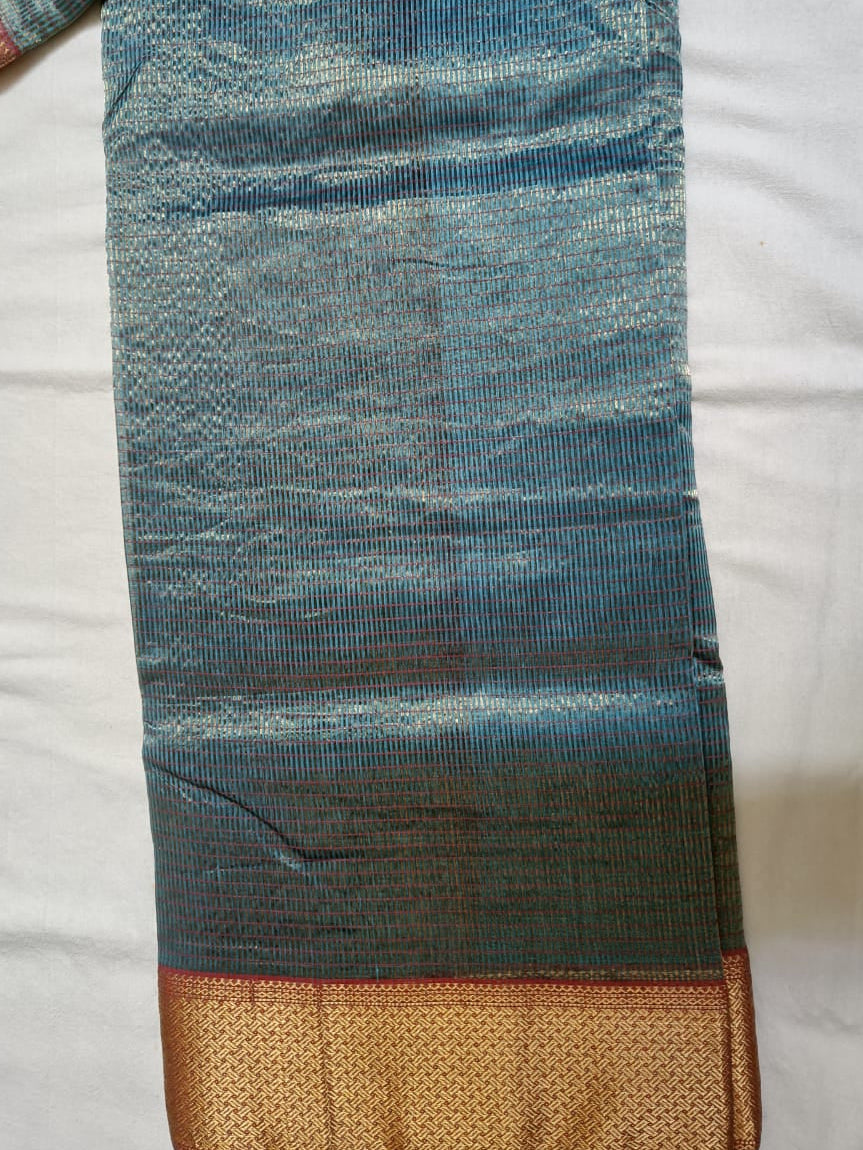 Zari Checks Copper Blue Maheshwari Silk Cotton Saree