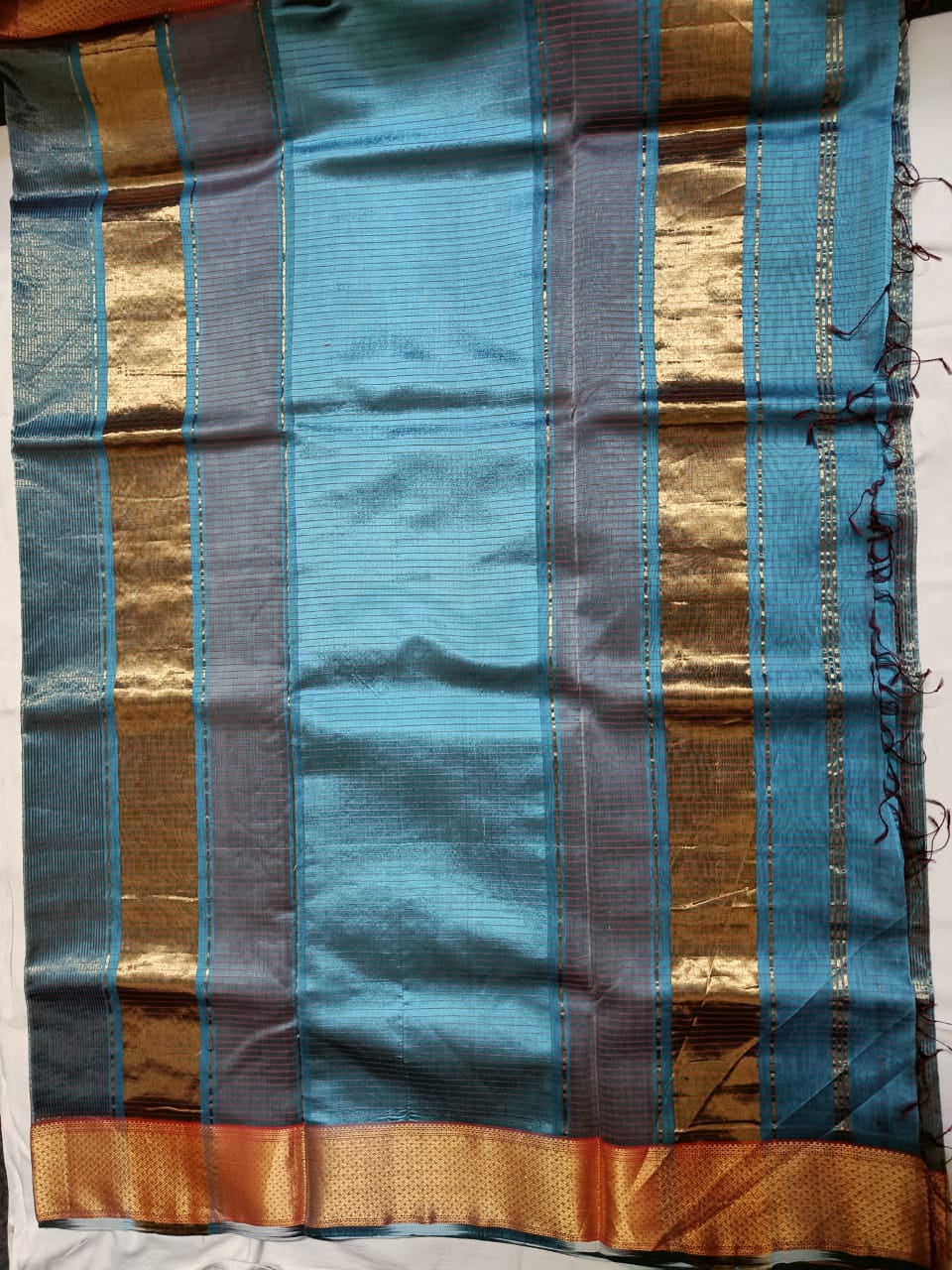 Zari Checks Copper Blue Maheshwari Silk Cotton Saree